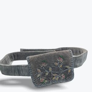 RARE Moyna Beaded Floral Grey Velvet Belt Bag Pouch Small Clutch Waist Bag